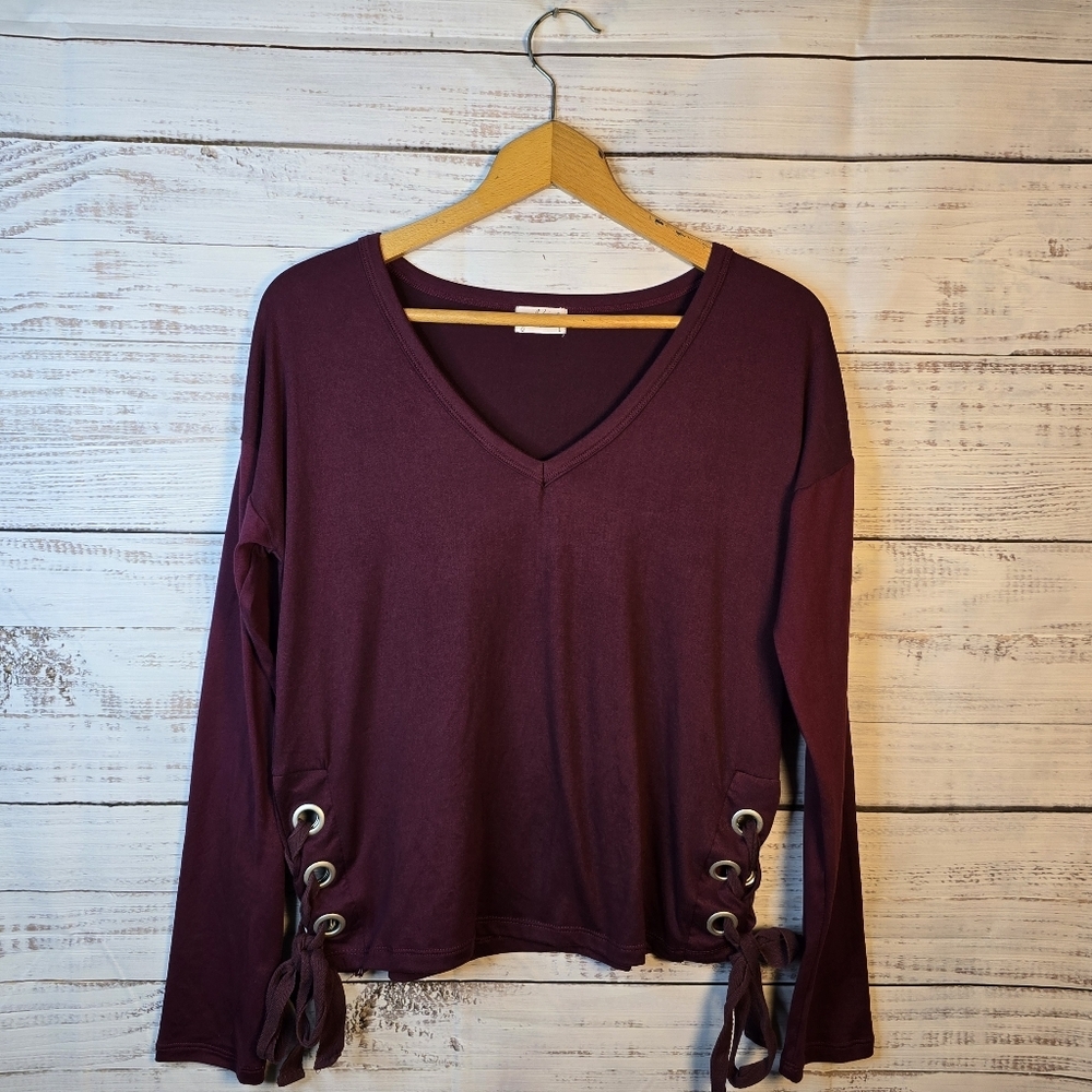 Glitz Longsleeve Blouse Top With Ties On The Side Maroon Womens Size Large
